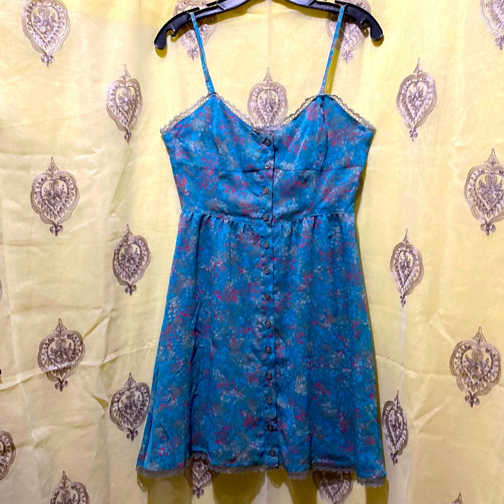 KIRRA BLUE/PINK FLORAL CHIFFON SLIP DRESS ADJUSTABLE STRAPS LINED SZ M